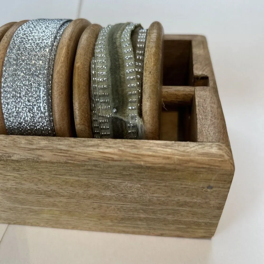 Wooden Box Ribbon Trim Dispenser Storage Rustic 5 Spool